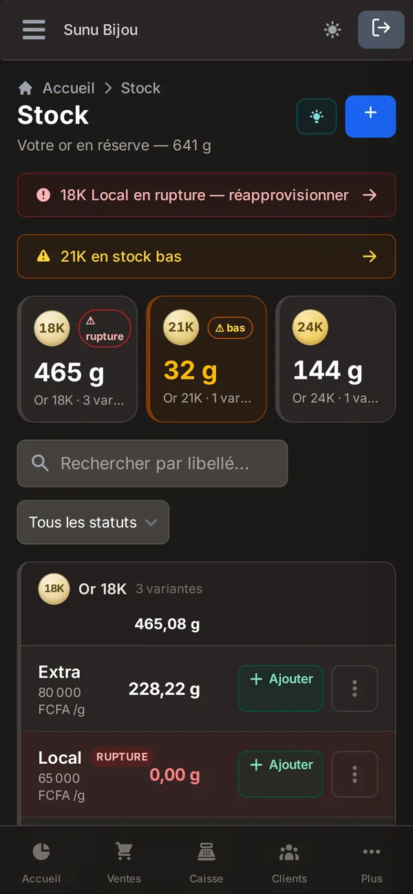 Stock par type d'or sur téléphone, avec alertes de rupture et de stock bas